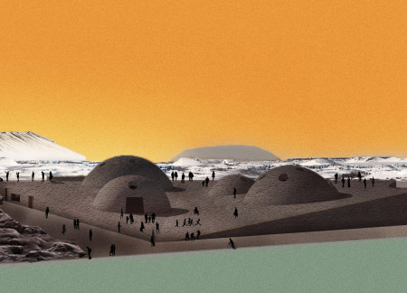 Half Dome Structure Anchored by Lava Stone and Concrete in Icelandic Landscape