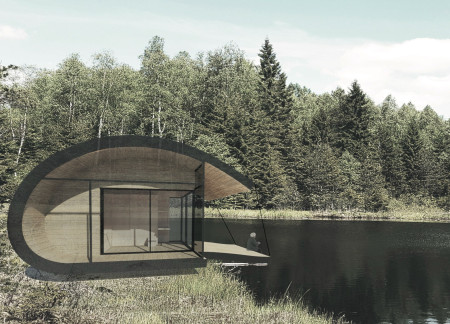 Cocoon-Like Pavilion Supported by Plywood and Cables for Meditation