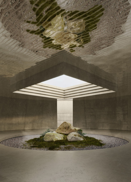 Circular Reflective Basin Enclosed in Textured Metal and Durable Concrete for Contemplative Space