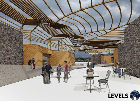 Lava Rock Cladding and Wood Lattice Structure in a Geothermal Visitor Center