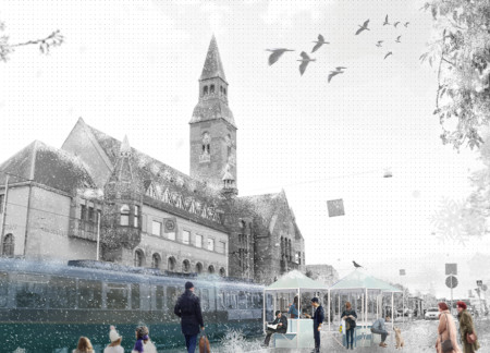 Modular Coffee Hub with Sheltered Seating for Transit Spaces