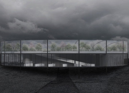 Circular Greenhouse Restaurant Built with Concrete and Glass in a Volcanic Landscape