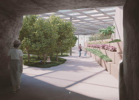 Sand-Cast Concrete Walls Framing a Lush Greenhouse Experience