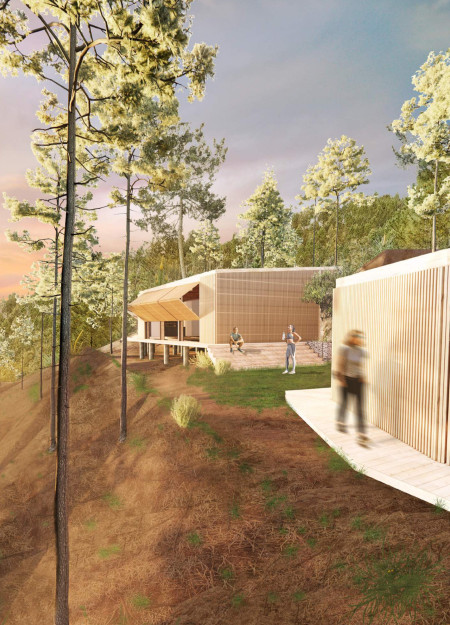 Cork Tiles and Gabion Walls in a Forest Retreat for Mindfulness