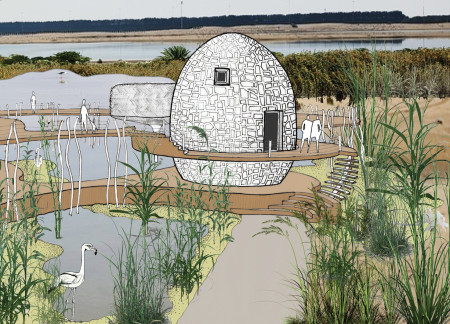 Flamingo Arch Supported by Mud Bricks and Thatch Palm in a Wetland Visitor Center