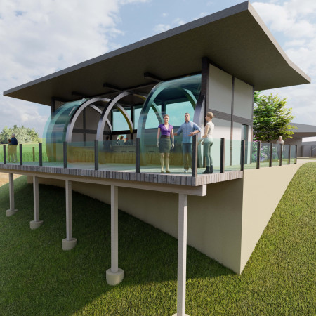 Curved Layout with Oak Accents and a Pollinator Garden for Wine Tasting