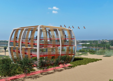 Arced Steel Columns and Pink Pathway Enhancing Natural Observation