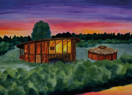 Courtyard Retreat Framed by Round Roof and Timber Harmony