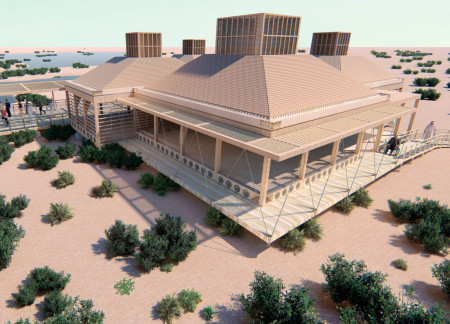 Cooling Spaces with Mache Paper Bottles and Elevated Wood Structure