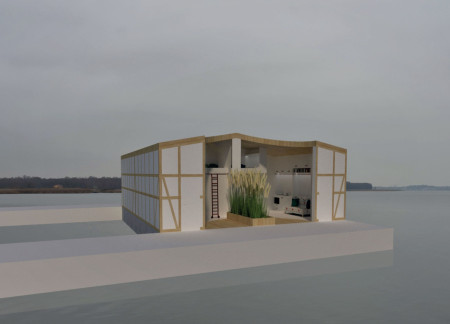 Floating Home with Glazed Walls and Cultural Floral Patterns