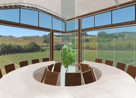 Circular Tasting Room Crafted from Corten and Natural Wood