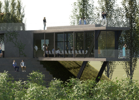 Amphitheater Under Native Orange Trees with Expansive Glass Walls