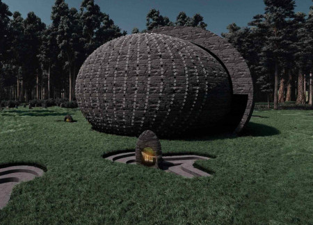 Light-Channeling Columbarium with Basalt Cladding and Fiber-Reinforced Concrete