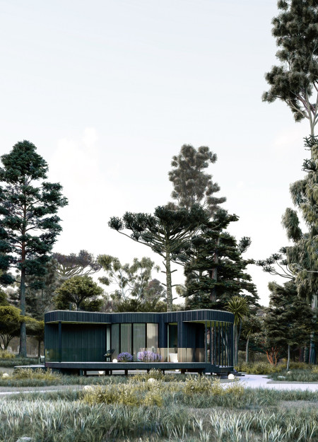 Curvilinear Design Features Charred Wooden Shingles and Natural Ventilation in Remote Retreat