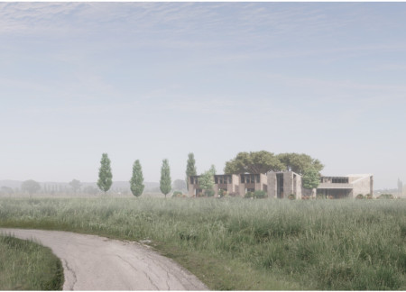Central Courtyard Surrounded by Asymmetrical Guest Houses with Concrete and Wood Materials