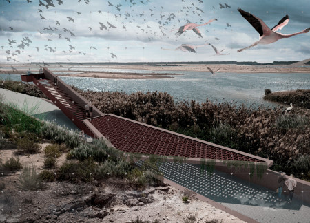 Floating Observation Tower with Metal Support in a Wetland Reserve