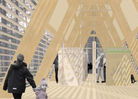 A-Frame Pavilions with Wood Louvers Enhancing Visitor Experience in Natural Ecosystems