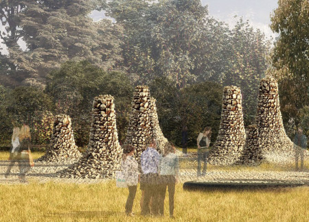 Reflecting Lives Through Gradating Stones and Barbed Wire Structure