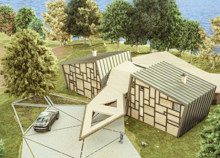 Fragmented Cube Design Enhanced by Local Wood and Sloped Roofs