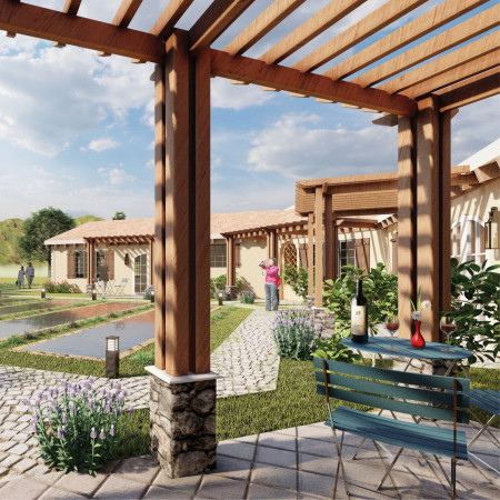Terracotta Tasting Room with Exposed Beams and Courtyard Retreat