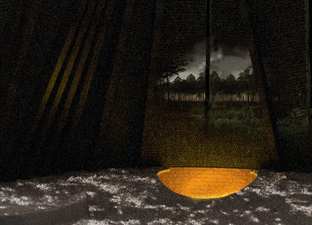 Triangular Frames and Black Mesh Enveloping a Nature-Inspired Meditation Retreat