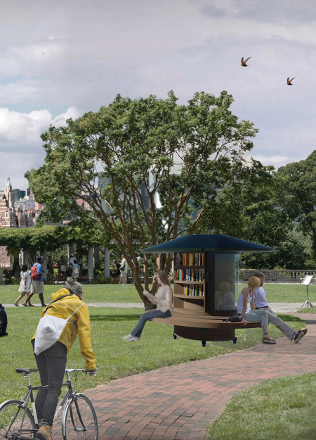 Curved Green Shelter with Natural Wood Embrace