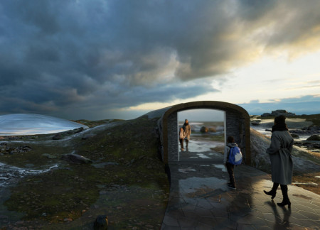 Eye-Shaped Pavilion with Natural Stone and Wood Integration for Enhanced Visitor Experience