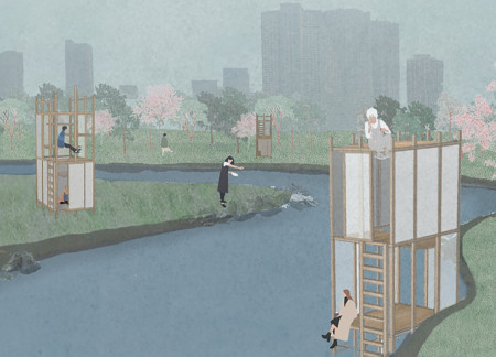 Horizontal Levels of Wood and Rice Paper Embrace Nature for Meditative Retreat