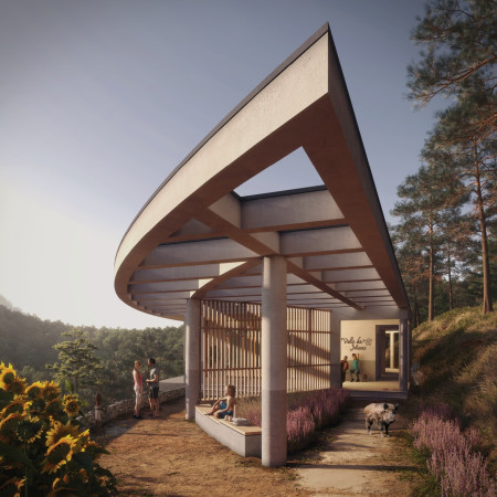 Floating Cantilevered Retreat with Pigmented Concrete and Maritime Pine