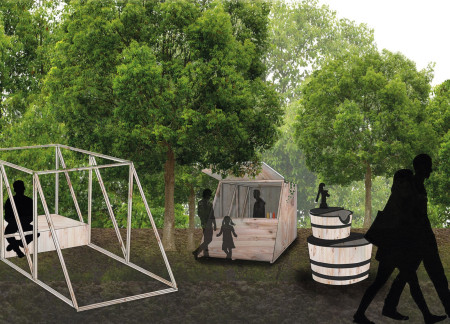 Stackable Food Stalls with Spruce Wood and Roof Gardens for Community Gatherings