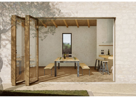 An Atrium-Cooled Guesthouse in Native Stone