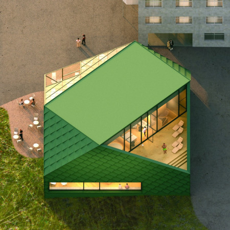 A Community Spa with Charred Wooden Shingles and Cross-Laminated Timber