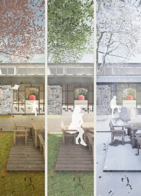 A  Compact Community Habitat with Stone and Charred Wooden Shingle