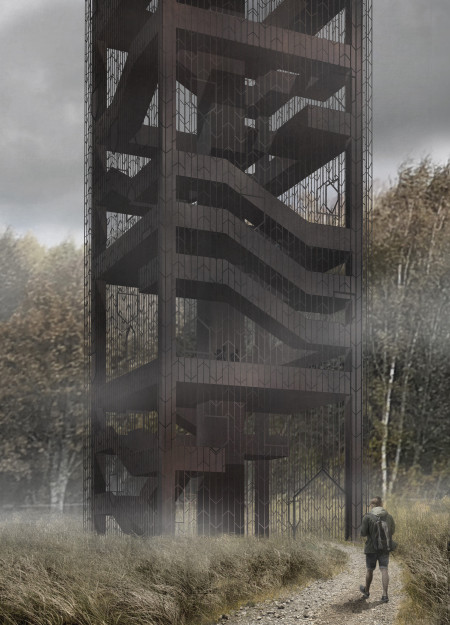 A Steel Mesh Tower in the Northern Latvian Landscape