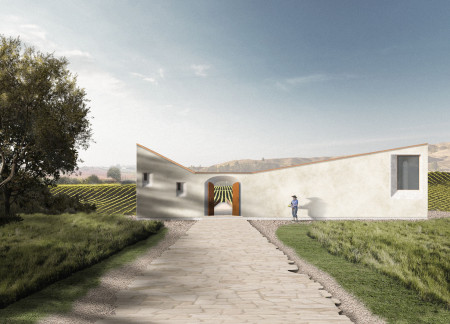 A Traditional Wine Tasting Room with Cantilevered Views and Arched Stone