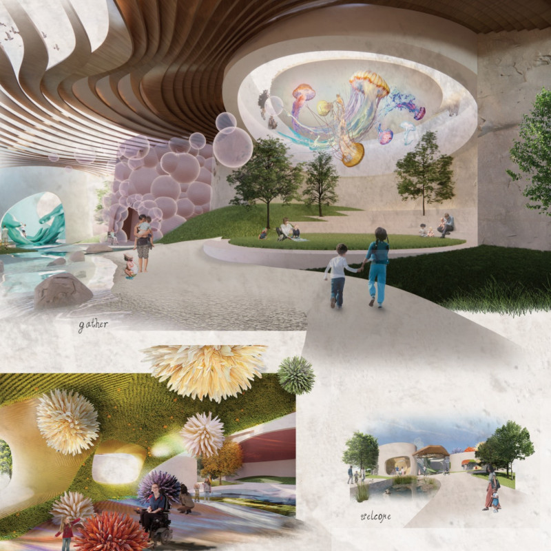 Natural Stone and Glass Facades Create Interactive Spaces in a Family-Centric Community Environment