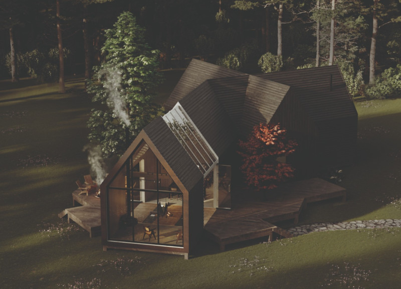 Semi-Polished Concrete and Dark Wood Cladding Enhance a Radial Retreat Amidst Nature