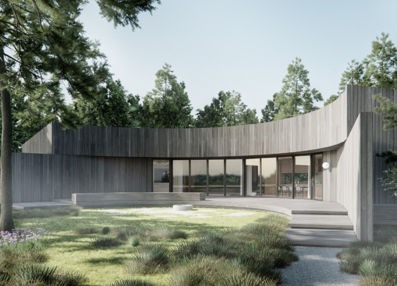 Crescent-Shaped Retreat Using Cross-Laminated Timber Panels and Charred Wooden Shingles for Sustainable Wellness