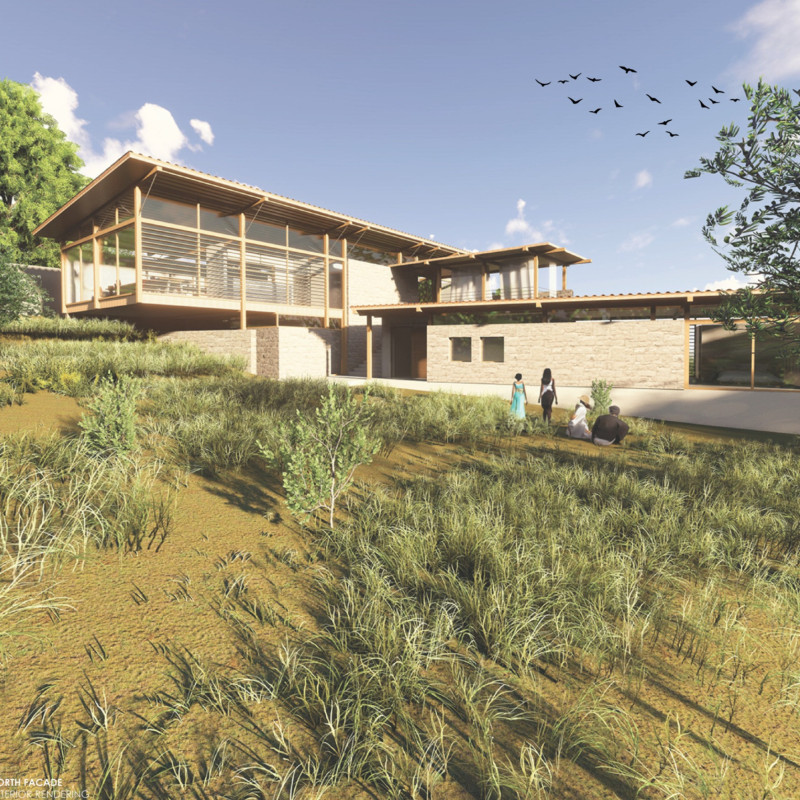 Terracotta Roof and Olive Motif Blend in Sustainable Guest House Design