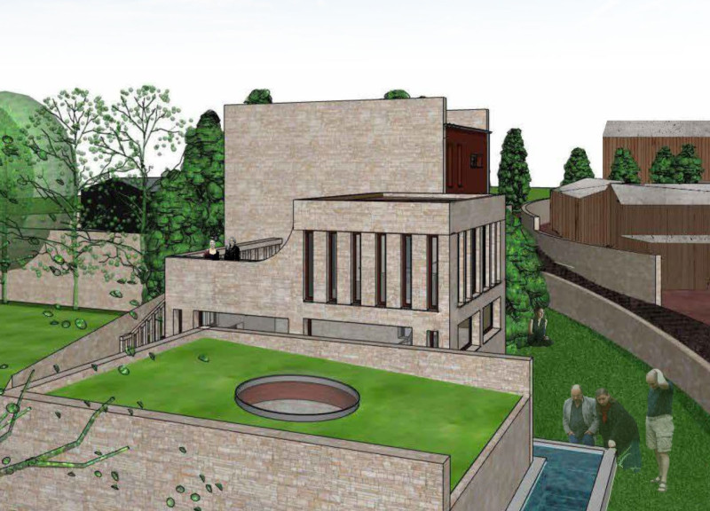 Natural Stone Facade and Water Features Create a Tranquil Retreat in Sustainable Building Design