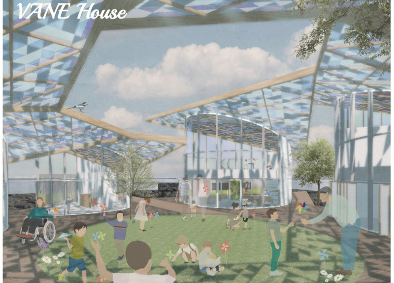 Triangular Blue-Tinted Glass Roof and Timber Integration for Community Engagement