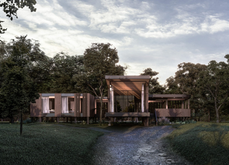 Elevated Timber Structure Featuring Expansive Glazing and Sustainable Design in a Forest Setting