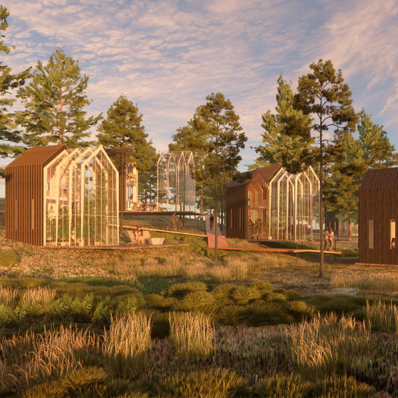 Charred Wooden Shingles and Recycled Glass Enveloping Sustainable Homes in a Community Setting