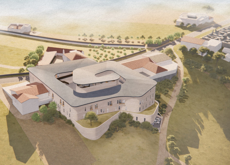 Rammed Concrete Structure Seamlessly Integrating Natural Clay and Communal Spaces on a Hillside