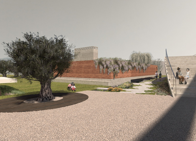 Rammed Earth Structure Surrounded by Olive Groves with Natural Light Emphasizing Agricultural Heritage