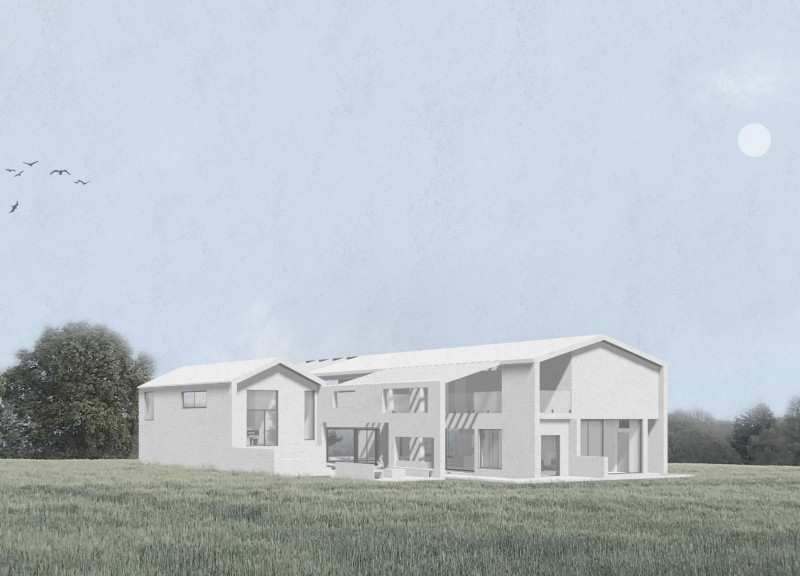 Triangular Form Constructed with Natural Wood and Glass for Community Living