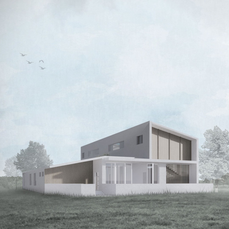 Central Courtyard Embracing Natural Light Through Wood Cladding and Concrete Structure