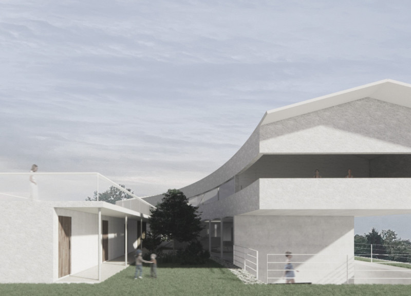 Curvilinear Form and Natural Light Enhanced by Textured Concrete and Wood Accents in Sustainable Guest House Design