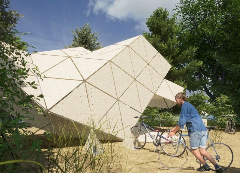 Biophilic Design Utilizing Triangular Wood Panels for Community Reading in Natural Setting