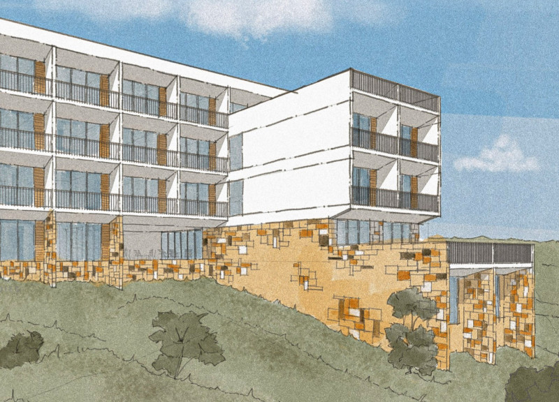 Charred Wooden Shingles Enveloping Concrete Serenity in Elevated Elderly Living